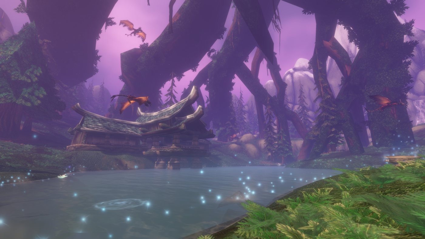 Screenshot from World of Warcraft: Forever showing first-age Hyjal at dusk